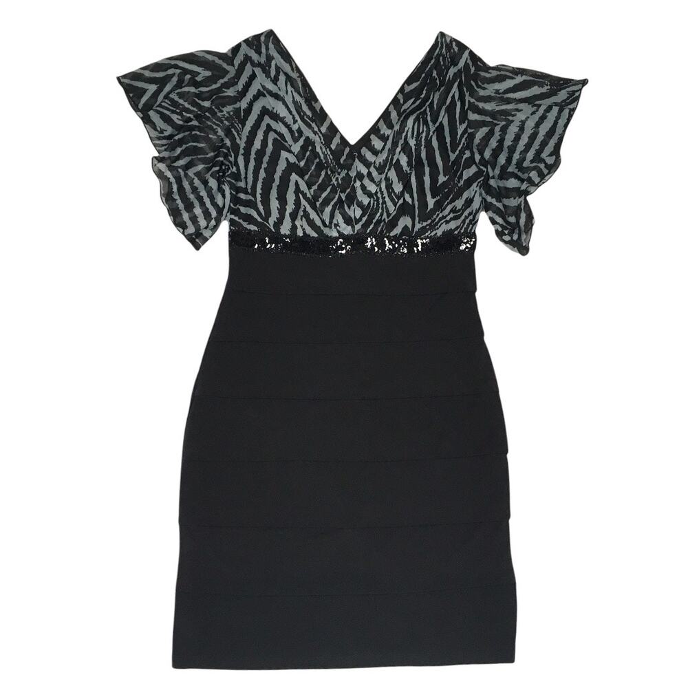 Enfocus Studio Dress Sequin V-Neck Flutter‎ Sleeve Women's 8 Black Grey Zebra